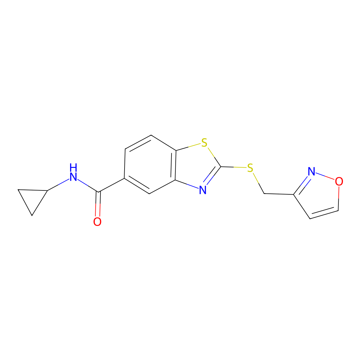 N-cyclopropyl-2-[(3-isoxazolylmethyl)sulfanyl]-1,3-benzothiazole-5-carboxamide molecular structure, CAS 1172957-85-5