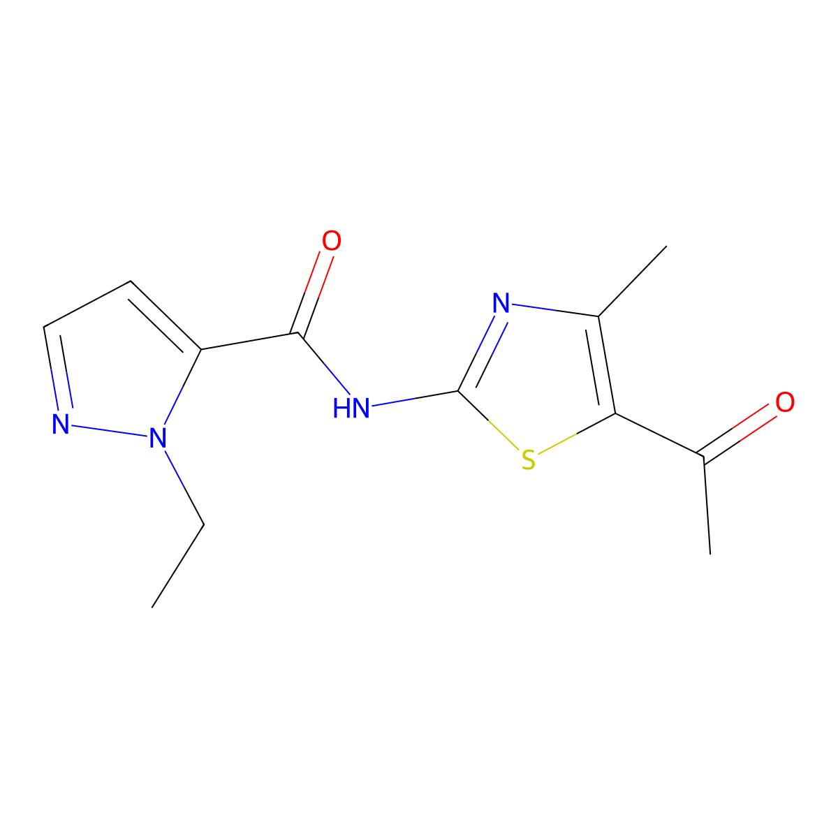 N-(5-acetyl-4-methyl-1,3-thiazol-2-yl)-1-ethyl-1H-pyrazole-5-carboxamide molecular structure, CAS 1172963-77-7