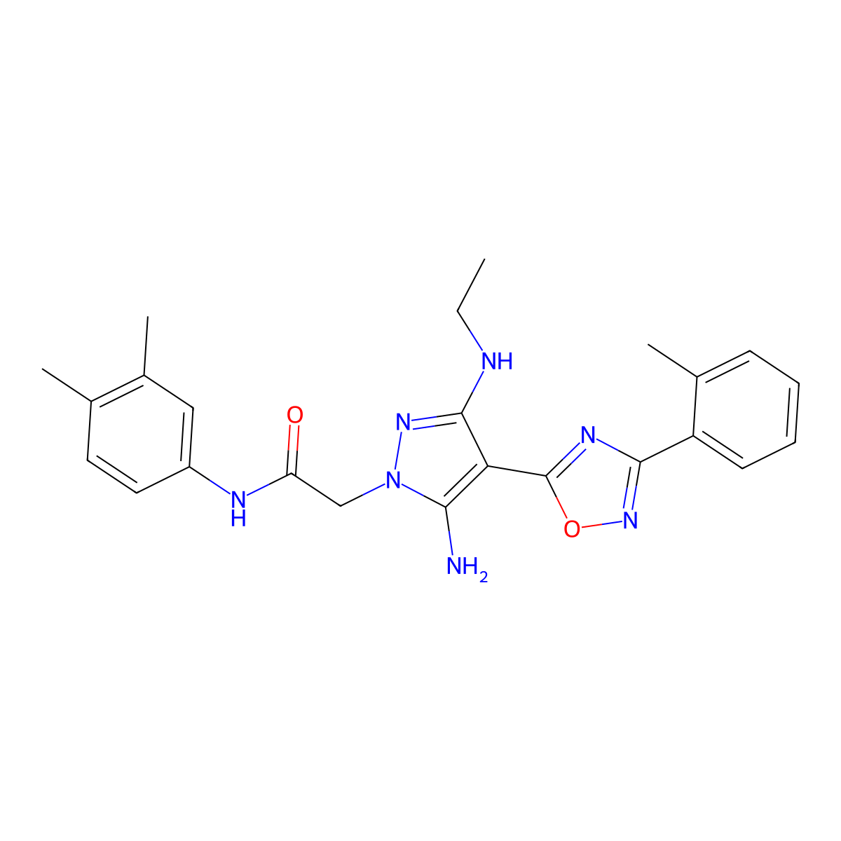 2-(5-amino-3-(ethylamino)-4-(3-(o-tolyl)-1,2,4-oxadiazol-5-yl)-1H-pyrazol-1-yl)-N-(3,4-dimethylphenyl)acetamide molecular structure, CAS 1172967-25-7