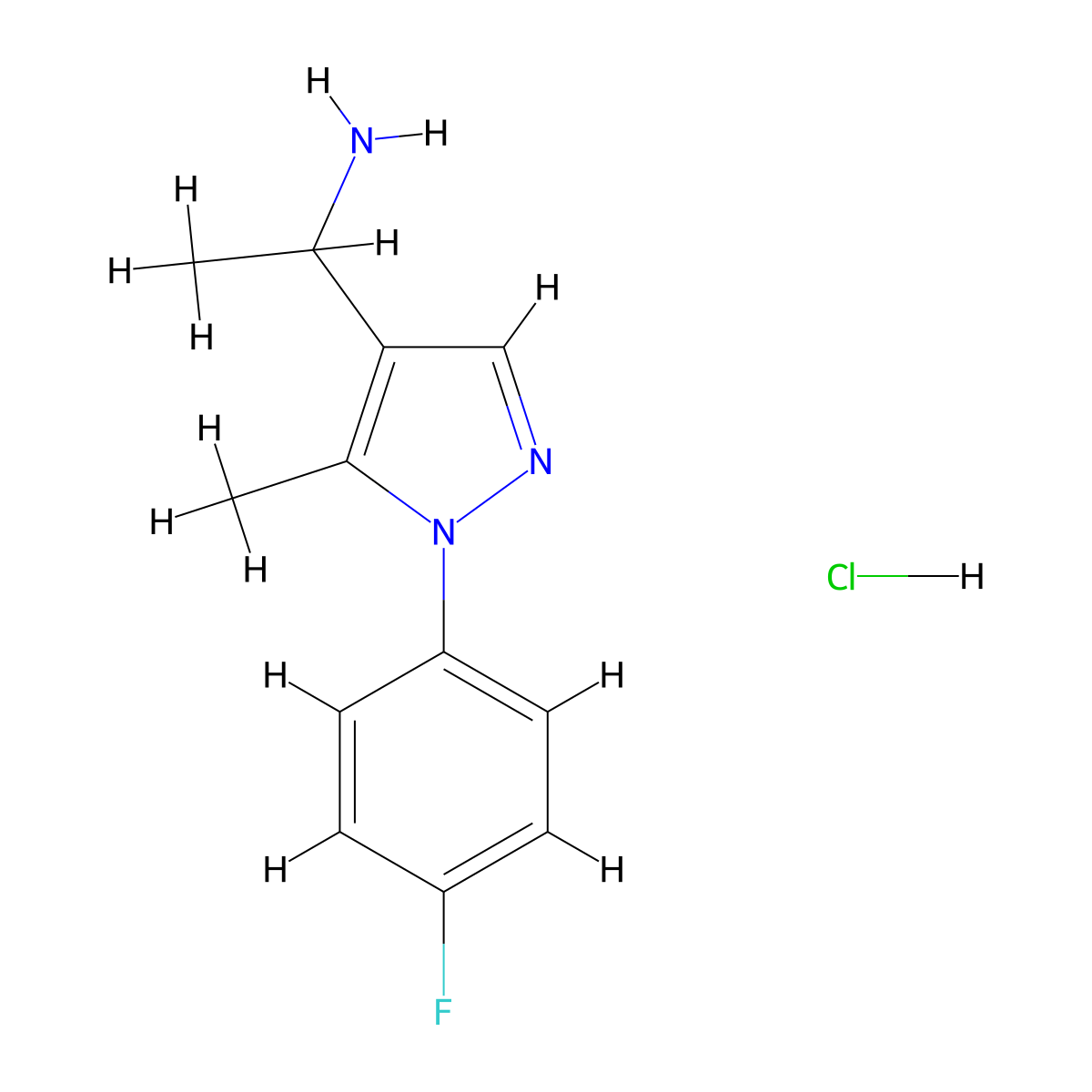 1-[1-(4-Fluorophenyl)-5-methyl-1H-pyrazol-4-yl]ethan-1-amine hydrochloride molecular structure, CAS 1172969-12-8