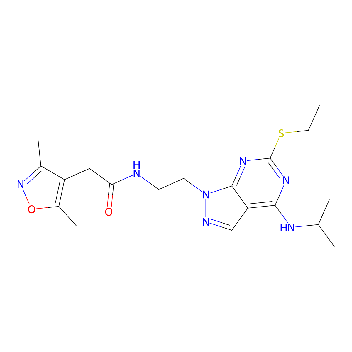 2-(3,5-dimethylisoxazol-4-yl)-N-(2-(6-(ethylthio)-4-(isopropylamino)-1H-pyrazolo[3,4-d]pyrimidin-1-yl)ethyl)acetamide molecular structure, CAS 1172969-55-9