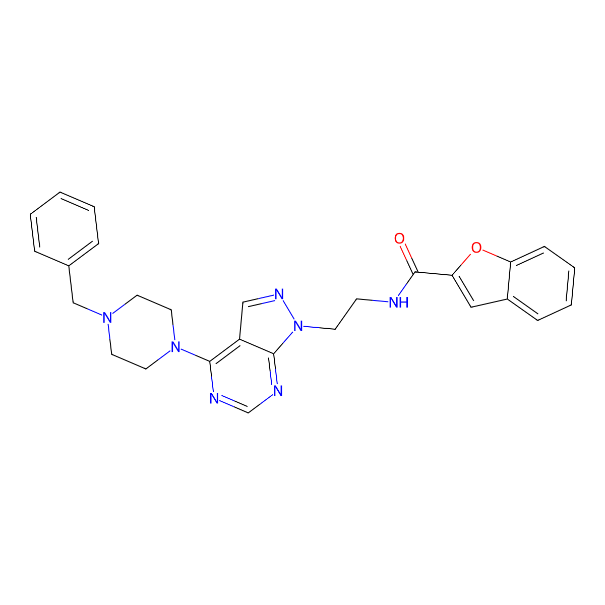 N-(2-(4-(4-benzylpiperazin-1-yl)-1H-pyrazolo[3,4-d]pyrimidin-1-yl)ethyl)benzofuran-2-carboxamide molecular structure, CAS 1172970-72-7