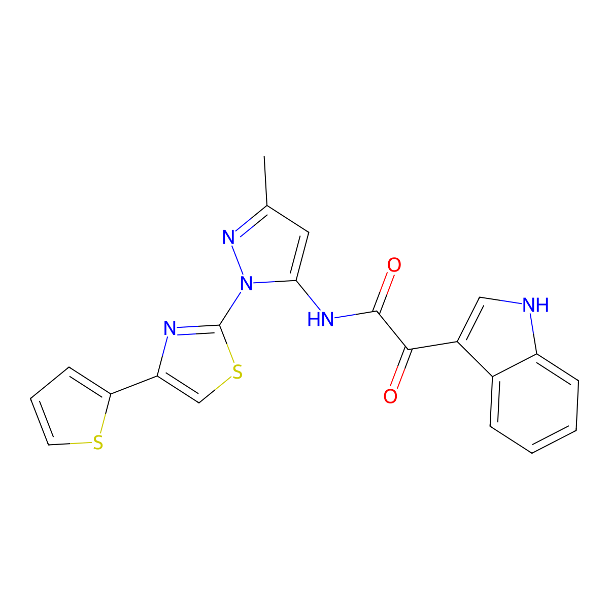 2-(1H-indol-3-yl)-N-{3-methyl-1-[4-(thiophen-2-yl)-1,3-thiazol-2-yl]-1H-pyrazol-5-yl}-2-oxoacetamide molecular structure, CAS 1172972-19-8