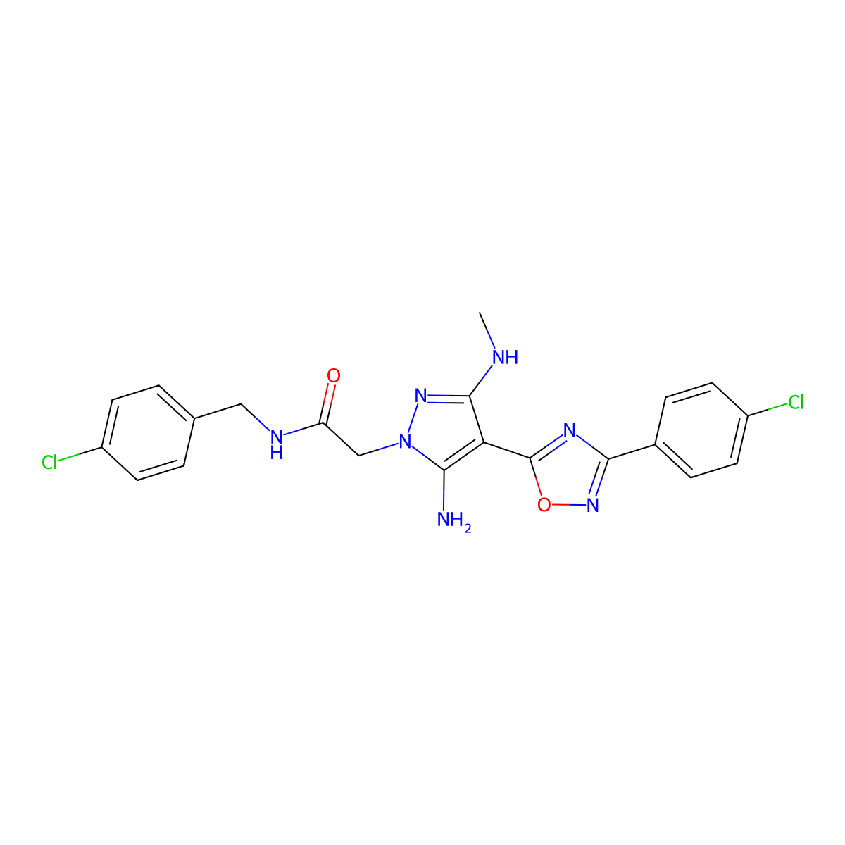 2-(5-amino-4-(3-(4-chlorophenyl)-1,2,4-oxadiazol-5-yl)-3-(methylamino)-1H-pyrazol-1-yl)-N-(4-chlorobenzyl)acetamide molecular structure, CAS 1172973-47-5