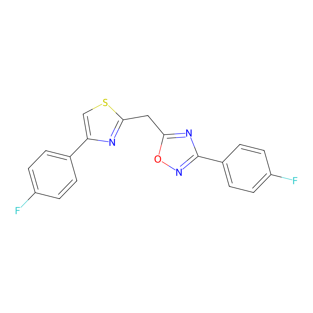 3-(4-Fluorophenyl)-5-((4-(4-fluorophenyl)thiazol-2-yl)methyl)-1,2,4-oxadiazole molecular structure, CAS 1172973-65-7