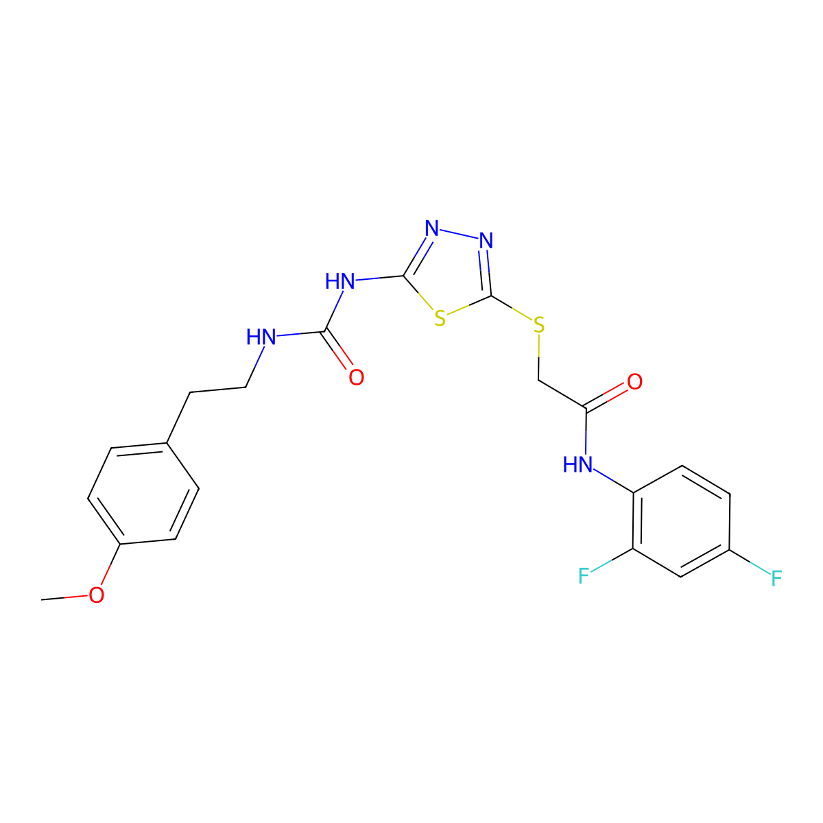 N-(2,4-difluorophenyl)-2-((5-(3-(4-methoxyphenethyl)ureido)-1,3,4-thiadiazol-2-yl)thio)acetamide molecular structure, CAS 1172975-15-3