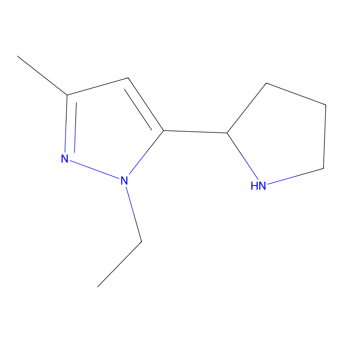 1-ethyl-3-methyl-5-(pyrrolidin-2-yl)-1H-pyrazole molecular structure, CAS 1172976-59-8