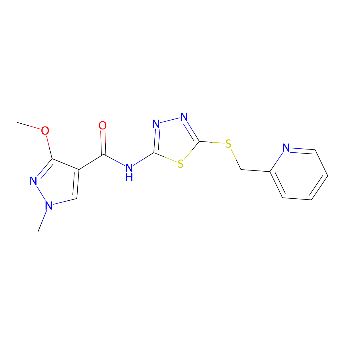 3-methoxy-1-methyl-N-(5-((pyridin-2-ylmethyl)thio)-1,3,4-thiadiazol-2-yl)-1H-pyrazole-4-carboxamide molecular structure, CAS 1172976-88-3