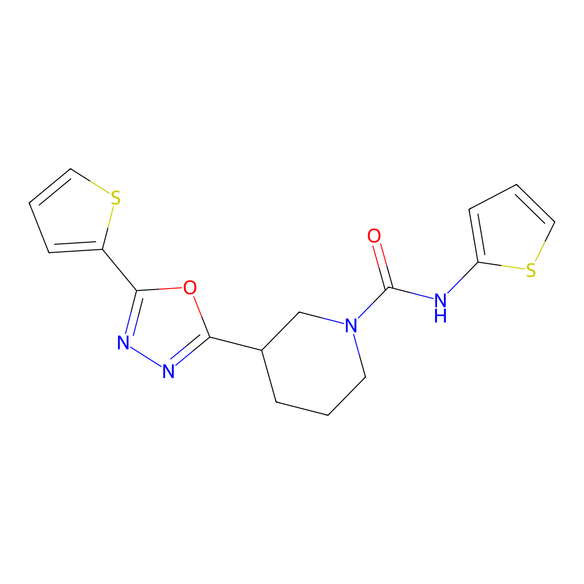 N-(thiophen-2-yl)-3-(5-(thiophen-2-yl)-1,3,4-oxadiazol-2-yl)piperidine-1-carboxamide molecular structure, CAS 1172978-42-5