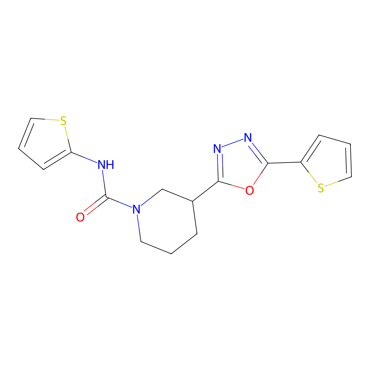 N-(thiophen-2-yl)-3-(5-(thiophen-2-yl)-1,3,4-oxadiazol-2-yl)piperidine-1-carboxamide molecular structure, CAS 1172978-42-5