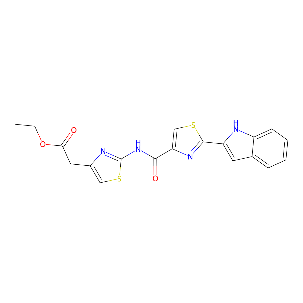 ethyl 2-(2-(2-(1H-indol-2-yl)thiazole-4-carboxamido)thiazol-4-yl)acetate molecular structure, CAS 1172978-70-9