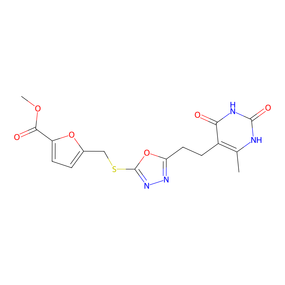Methyl 5-(((5-(2-(6-methyl-2,4-dioxo-1,2,3,4-tetrahydropyrimidin-5-yl)ethyl)-1,3,4-oxadiazol-2-yl)thio)methyl)furan-2-carboxylate molecular structure, CAS 1172981-14-4