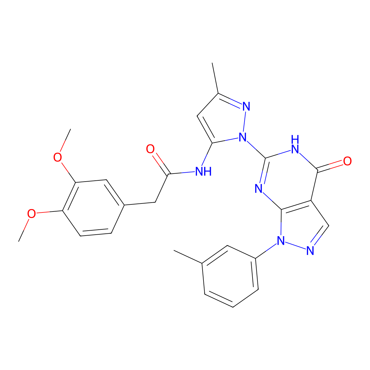 2-(3,4-dimethoxyphenyl)-N-(3-methyl-1-(4-oxo-1-(m-tolyl)-4,5-dihydro-1H-pyrazolo[3,4-d]pyrimidin-6-yl)-1H-pyrazol-5-yl)acetamide molecular structure, CAS 1172984-04-1