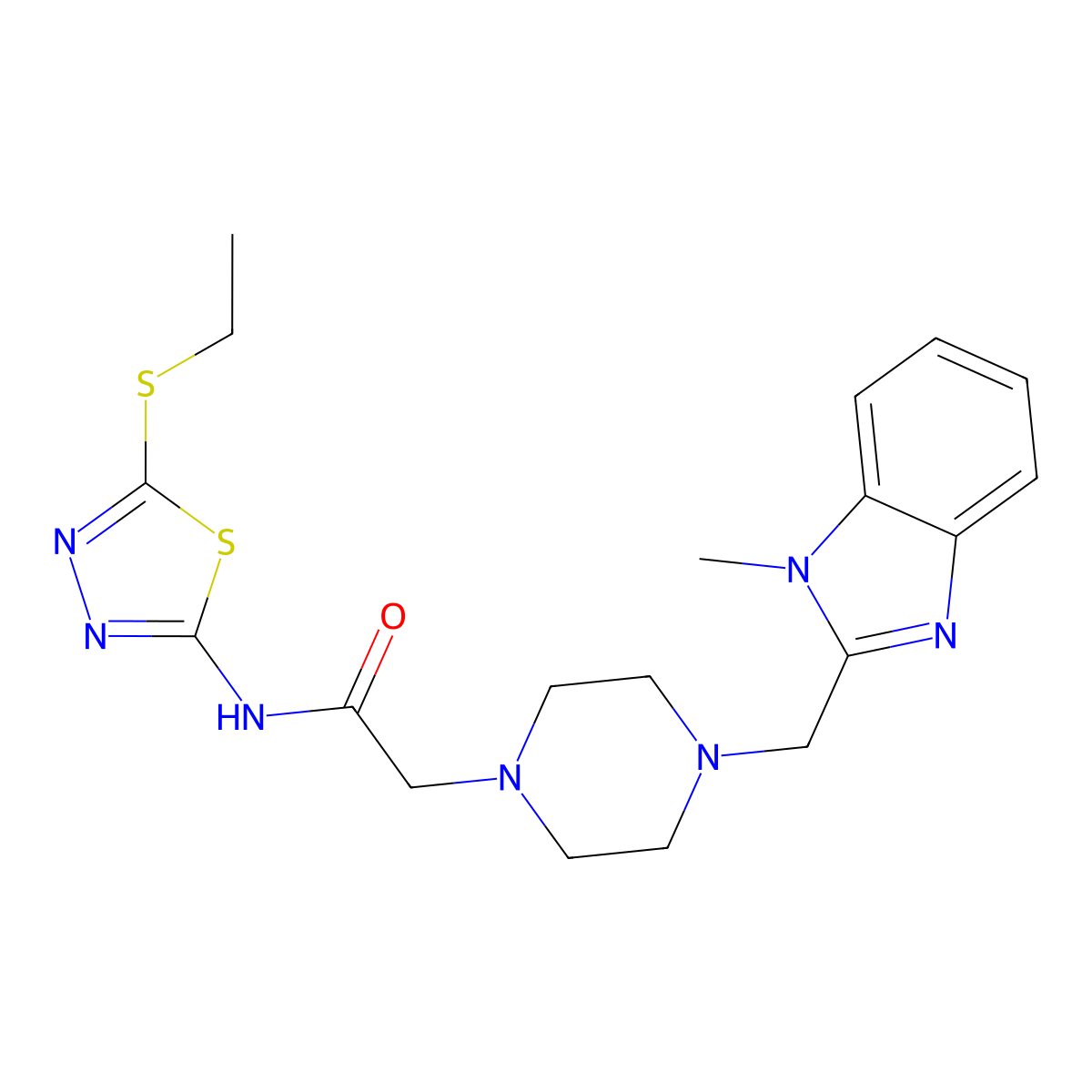 N-(5-(ethylthio)-1,3,4-thiadiazol-2-yl)-2-(4-((1-methyl-1H-benzo[d]imidazol-2-yl)methyl)piperazin-1-yl)acetamide molecular structure, CAS 1172986-11-6