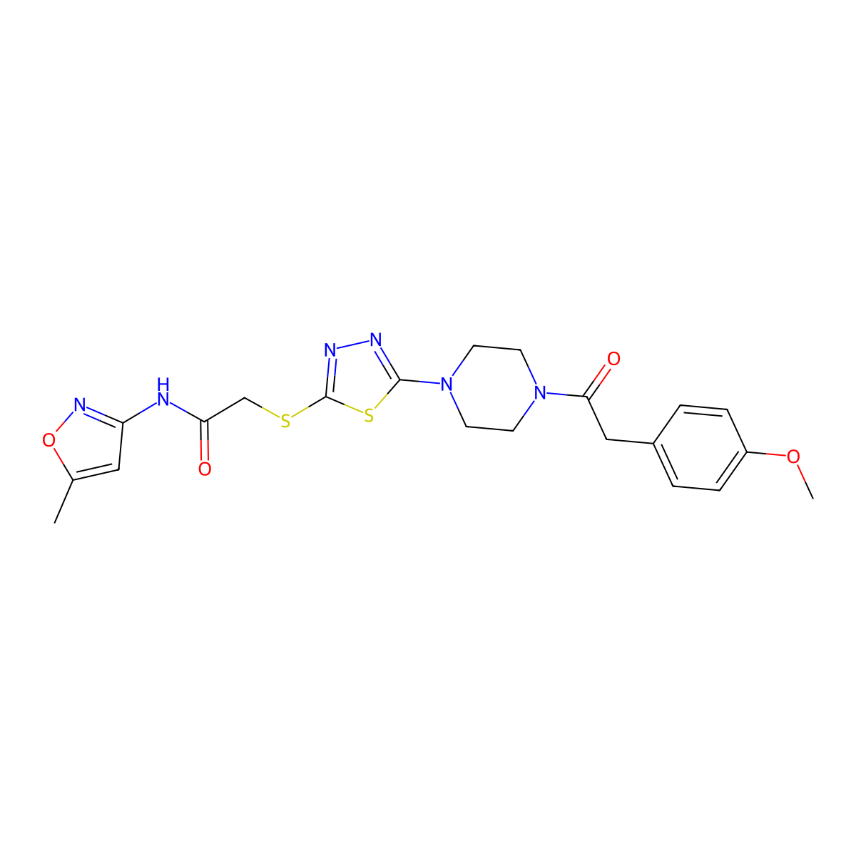 2-((5-(4-(2-(4-methoxyphenyl)acetyl)piperazin-1-yl)-1,3,4-thiadiazol-2-yl)thio)-N-(5-methylisoxazol-3-yl)acetamide molecular structure, CAS 1172986-63-8