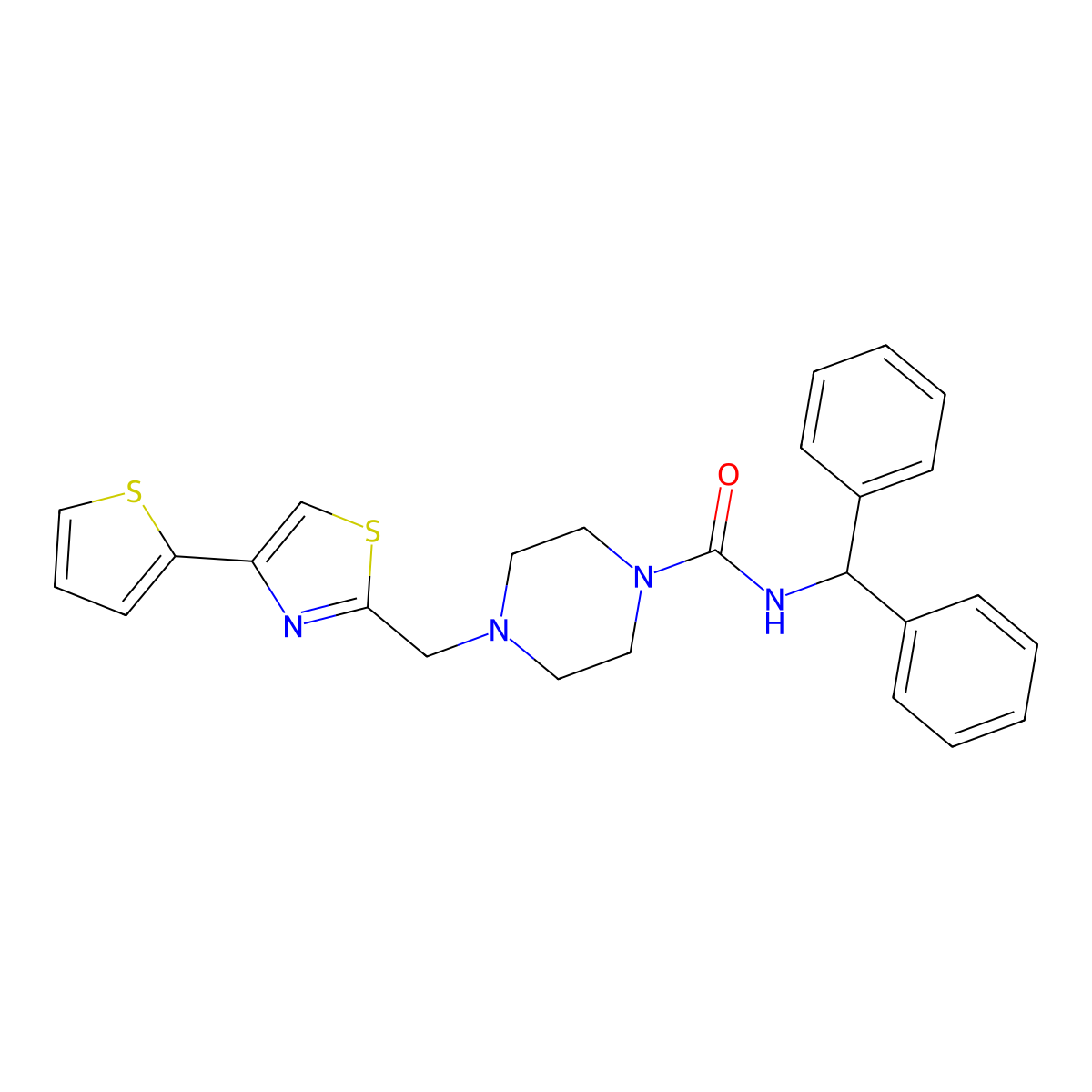 N-benzhydryl-4-((4-(thiophen-2-yl)thiazol-2-yl)methyl)piperazine-1-carboxamide molecular structure, CAS 1172987-19-7