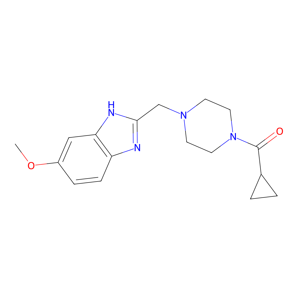 cyclopropyl(4-((5-methoxy-1H-benzo[d]imidazol-2-yl)methyl)piperazin-1-yl)methanone molecular structure, CAS 1172988-44-1