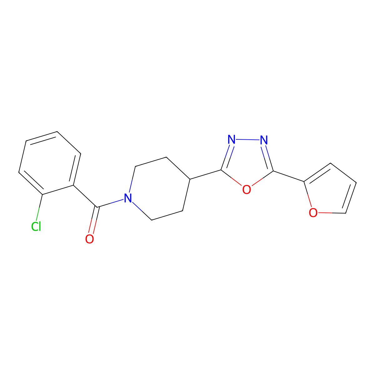 (2-Chlorophenyl)(4-(5-(furan-2-yl)-1,3,4-oxadiazol-2-yl)piperidin-1-yl)methanone molecular structure, CAS 1172988-90-7