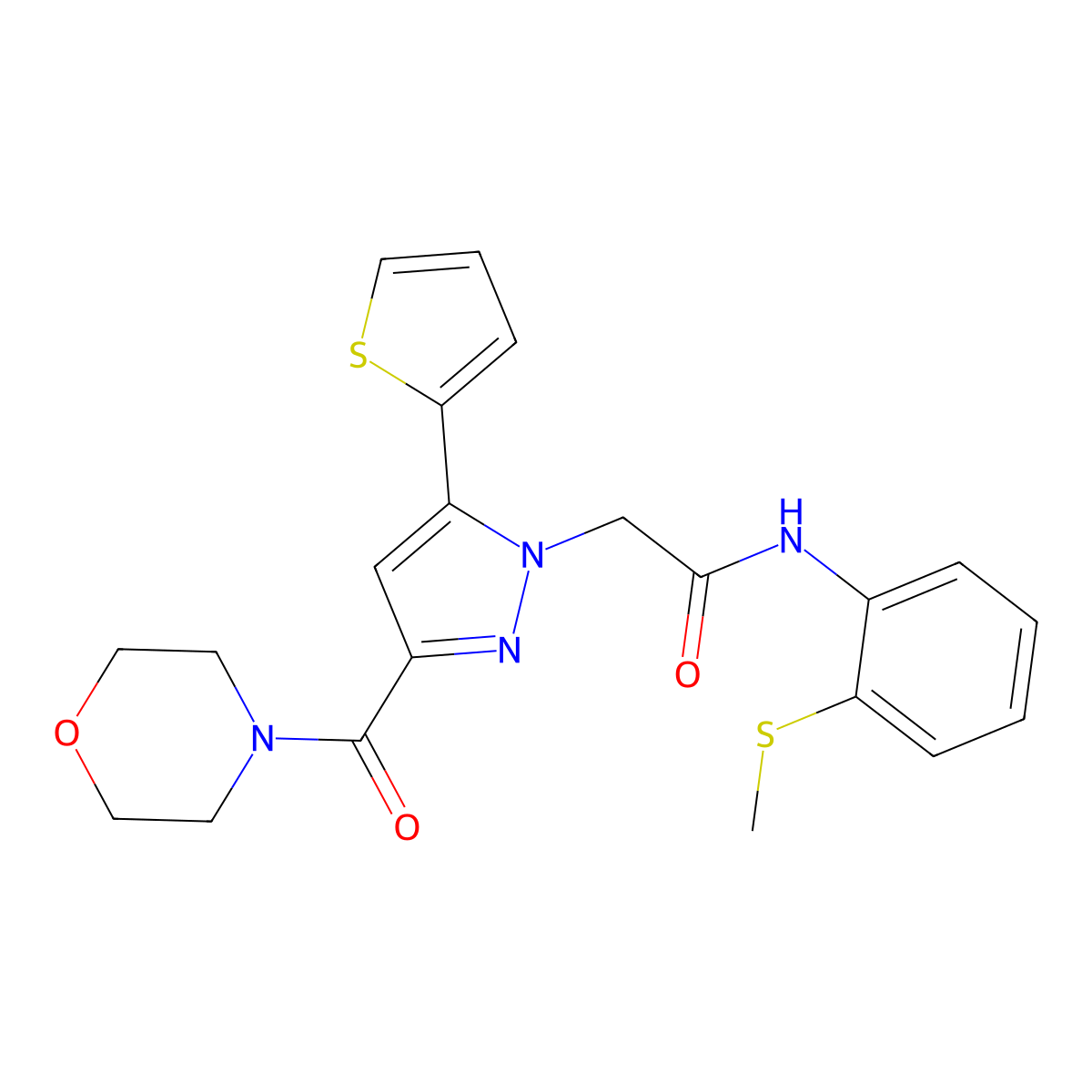 N-(2-(methylthio)phenyl)-2-(3-(morpholine-4-carbonyl)-5-(thiophen-2-yl)-1H-pyrazol-1-yl)acetamide molecular structure, CAS 1172989-38-6