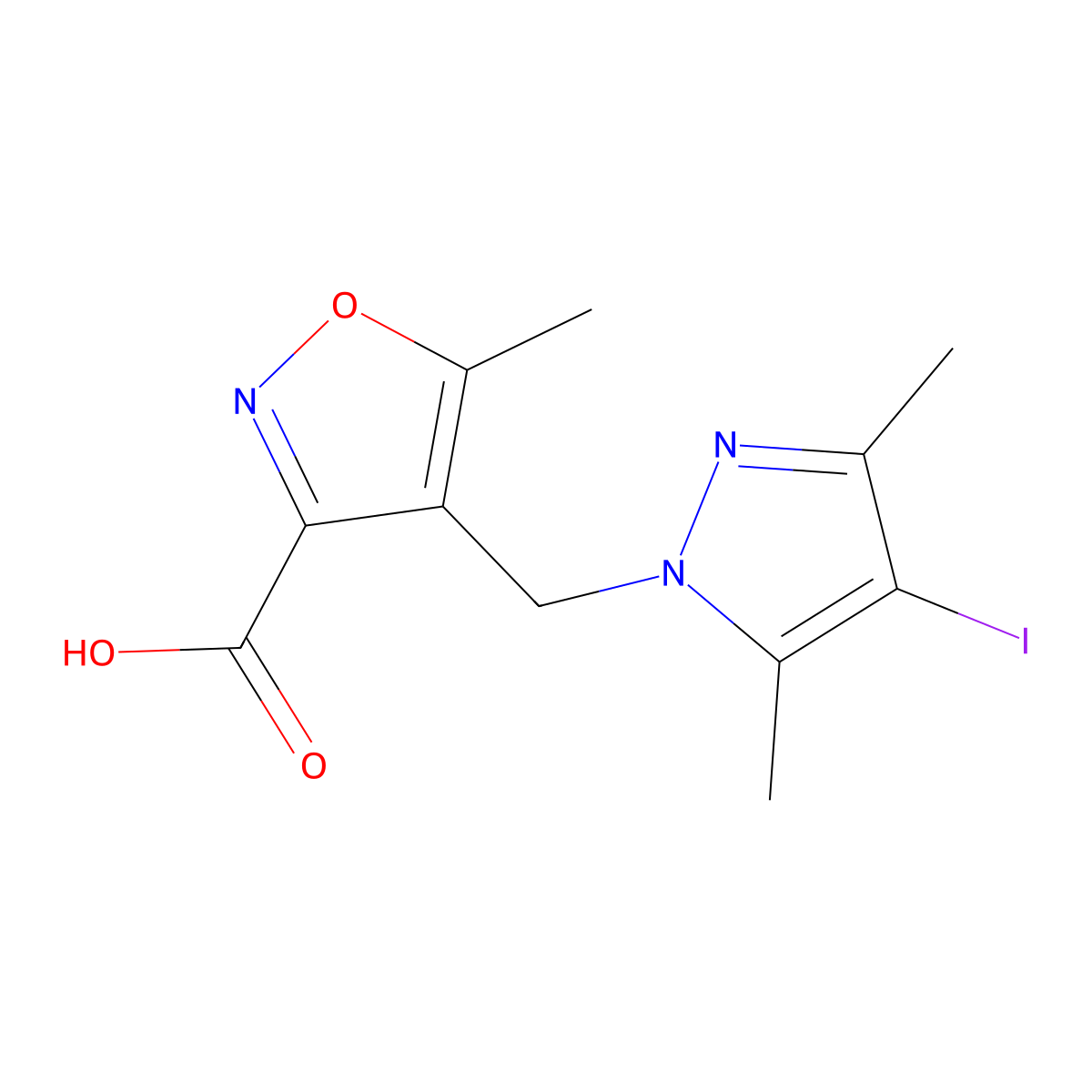 4-[(4-iodo-3,5-dimethyl-1H-pyrazol-1-yl)methyl]-5-methylisoxazole-3-carboxylic acid molecular structure, CAS 1172991-33-1