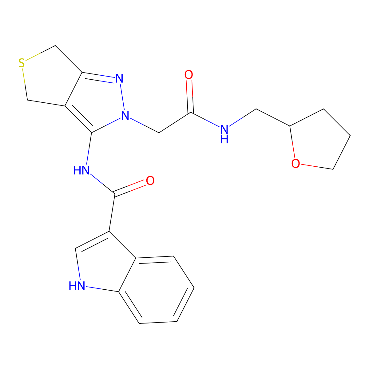N-(2-(2-oxo-2-(((tetrahydrofuran-2-yl)methyl)amino)ethyl)-4,6-dihydro-2H-thieno[3,4-c]pyrazol-3-yl)-1H-indole-3-carboxamide molecular structure, CAS 1172992-35-6