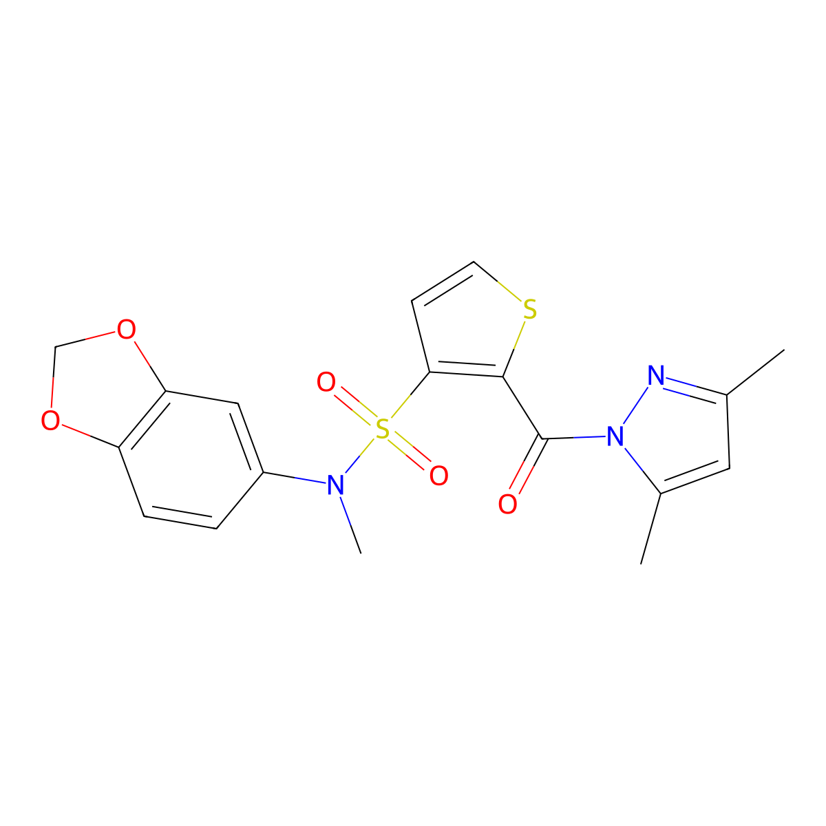 N-(1,3-benzodioxol-5-yl)-2-[(3,5-dimethyl-1H-pyrazol-1-yl)carbonyl]-N-methylthiophene-3-sulfonamide molecular structure, CAS 1172992-87-8