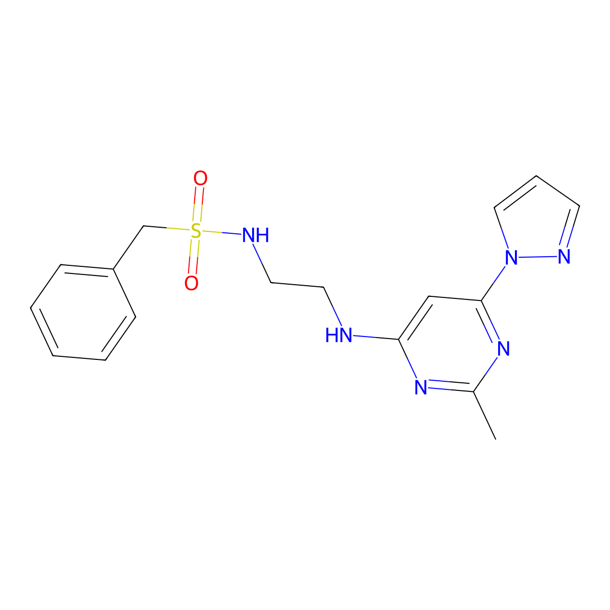 N-(2-{[2-methyl-6-(1H-pyrazol-1-yl)pyrimidin-4-yl]amino}ethyl)-1-phenylmethanesulfonamide molecular structure, CAS 1173025-92-7