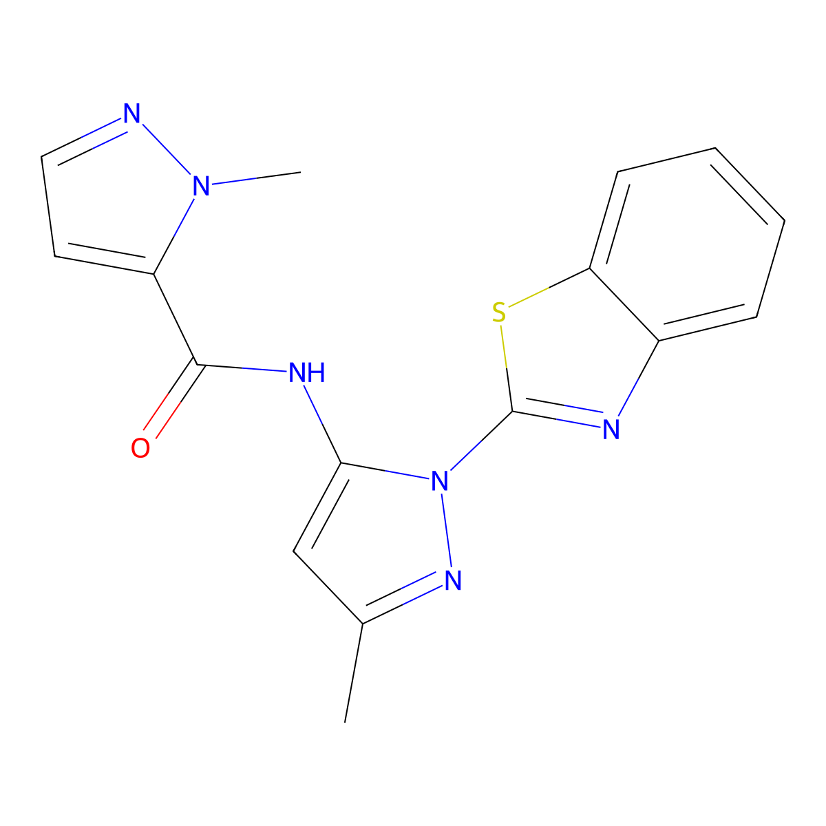 N-(1-(benzo[d]thiazol-2-yl)-3-methyl-1H-pyrazol-5-yl)-1-methyl-1H-pyrazole-5-carboxamide molecular structure, CAS 1173026-84-0