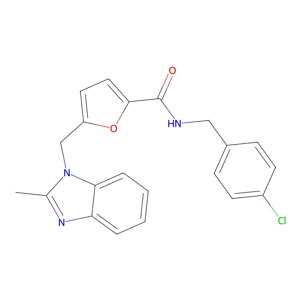 N-(4-chlorobenzyl)-5-((2-methyl-1H-benzo[d]imidazol-1-yl)methyl)furan-2-carboxamide molecular structure, CAS 1173029-51-0
