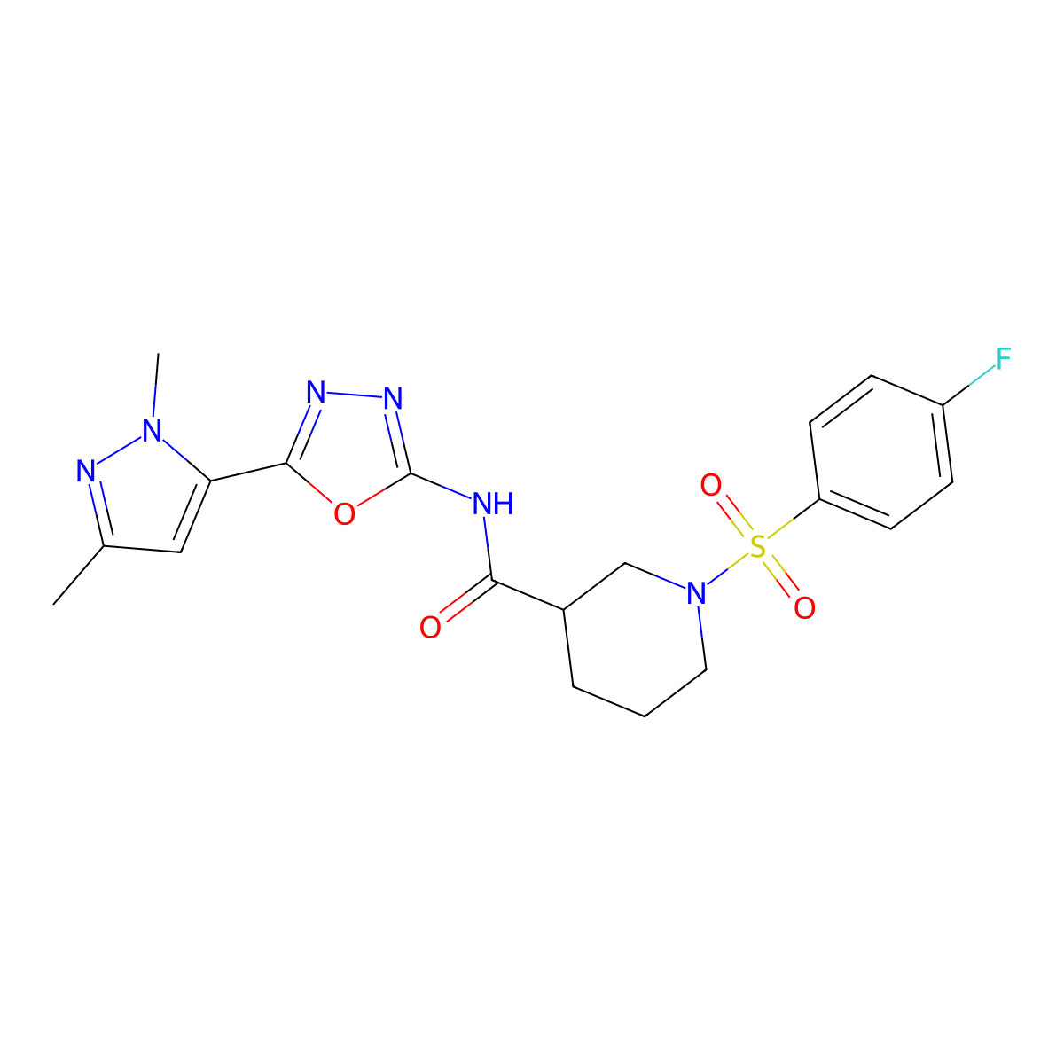 N-(5-(1,3-dimethyl-1H-pyrazol-5-yl)-1,3,4-oxadiazol-2-yl)-1-((4-fluorophenyl)sulfonyl)piperidine-3-carboxamide molecular structure, CAS 1173030-29-9