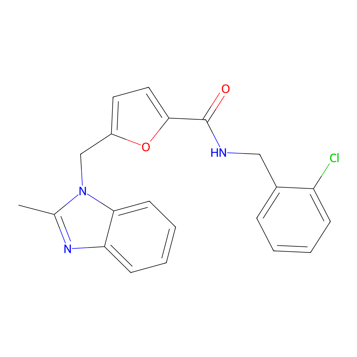 N-(2-chlorobenzyl)-5-((2-methyl-1H-benzo[d]imidazol-1-yl)methyl)furan-2-carboxamide molecular structure, CAS 1173031-01-0