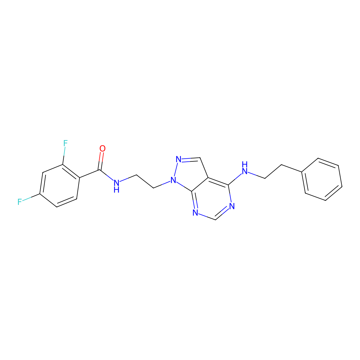2,4-difluoro-N-(2-(4-(phenethylamino)-1H-pyrazolo[3,4-d]pyrimidin-1-yl)ethyl)benzamide molecular structure, CAS 1173033-52-7