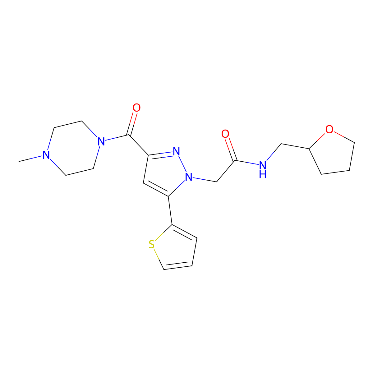 2-(3-(4-methylpiperazine-1-carbonyl)-5-(thiophen-2-yl)-1H-pyrazol-1-yl)-N-((tetrahydrofuran-2-yl)methyl)acetamide molecular structure, CAS 1173034-88-2