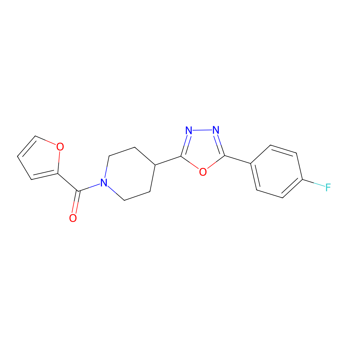 (4-(5-(4-Fluorophenyl)-1,3,4-oxadiazol-2-yl)piperidin-1-yl)(furan-2-yl)methanone molecular structure, CAS 1173036-49-1
