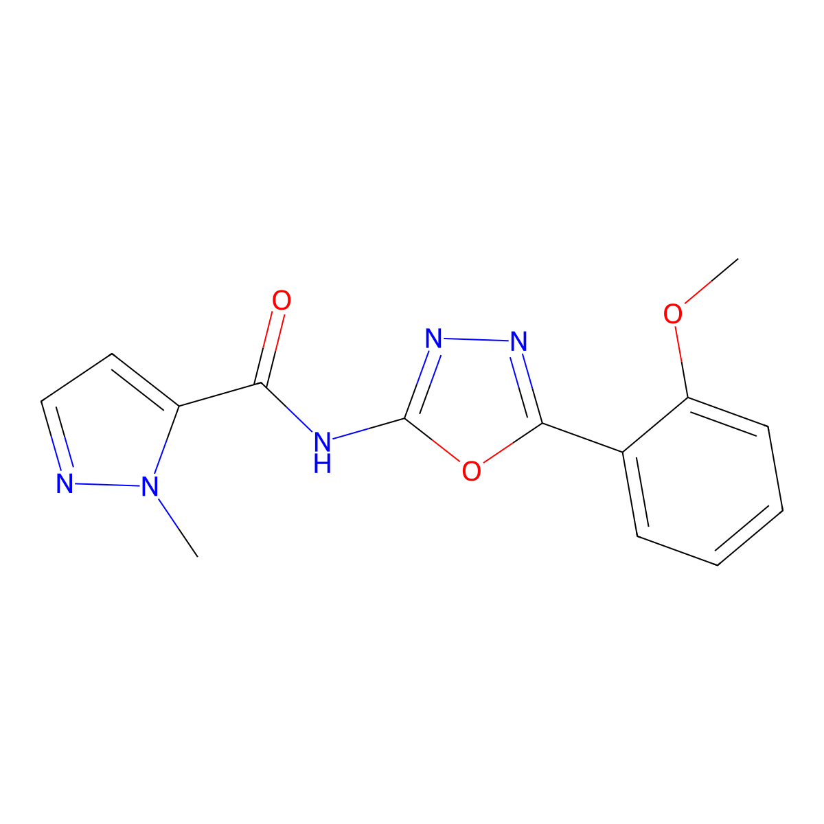 N-(5-(2-methoxyphenyl)-1,3,4-oxadiazol-2-yl)-1-methyl-1H-pyrazole-5-carboxamide molecular structure, CAS 1173038-62-4