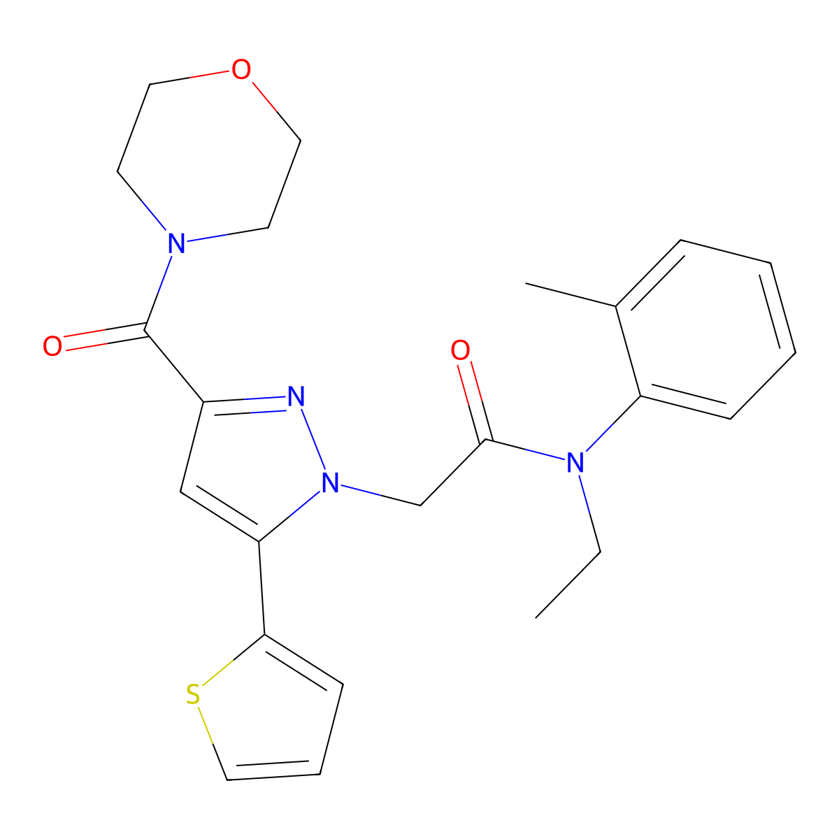 N-ethyl-2-(3-(morpholine-4-carbonyl)-5-(thiophen-2-yl)-1H-pyrazol-1-yl)-N-(o-tolyl)acetamide molecular structure, CAS 1173039-12-7