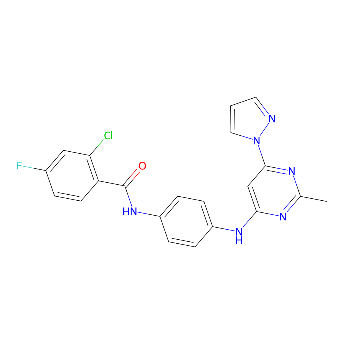 2-chloro-4-fluoro-N-(4-{[2-methyl-6-(1H-pyrazol-1-yl)pyrimidin-4-yl]amino}phenyl)benzamide molecular structure, CAS 1173039-17-2