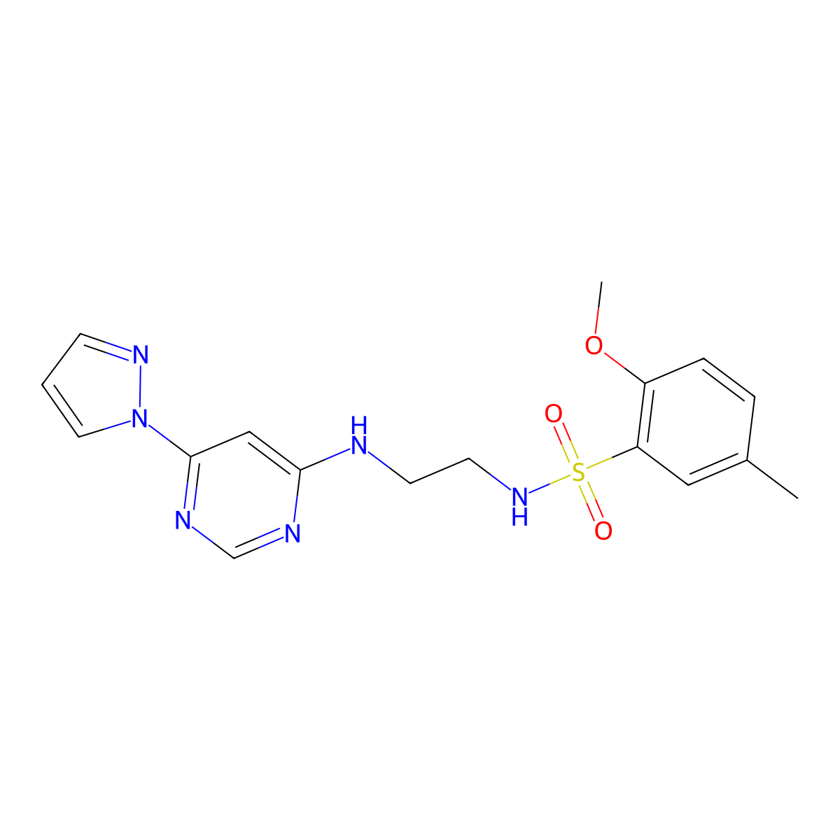N-(2-((6-(1H-pyrazol-1-yl)pyrimidin-4-yl)amino)ethyl)-2-methoxy-5-methylbenzenesulfonamide molecular structure, CAS 1173039-31-0