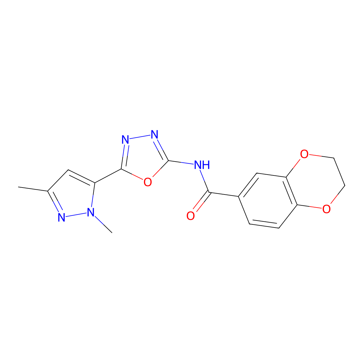 N-[5-(1,3-dimethyl-1H-pyrazol-5-yl)-1,3,4-oxadiazol-2-yl]-2,3-dihydro-1,4-benzodioxine-6-carboxamide molecular structure, CAS 1173042-80-2