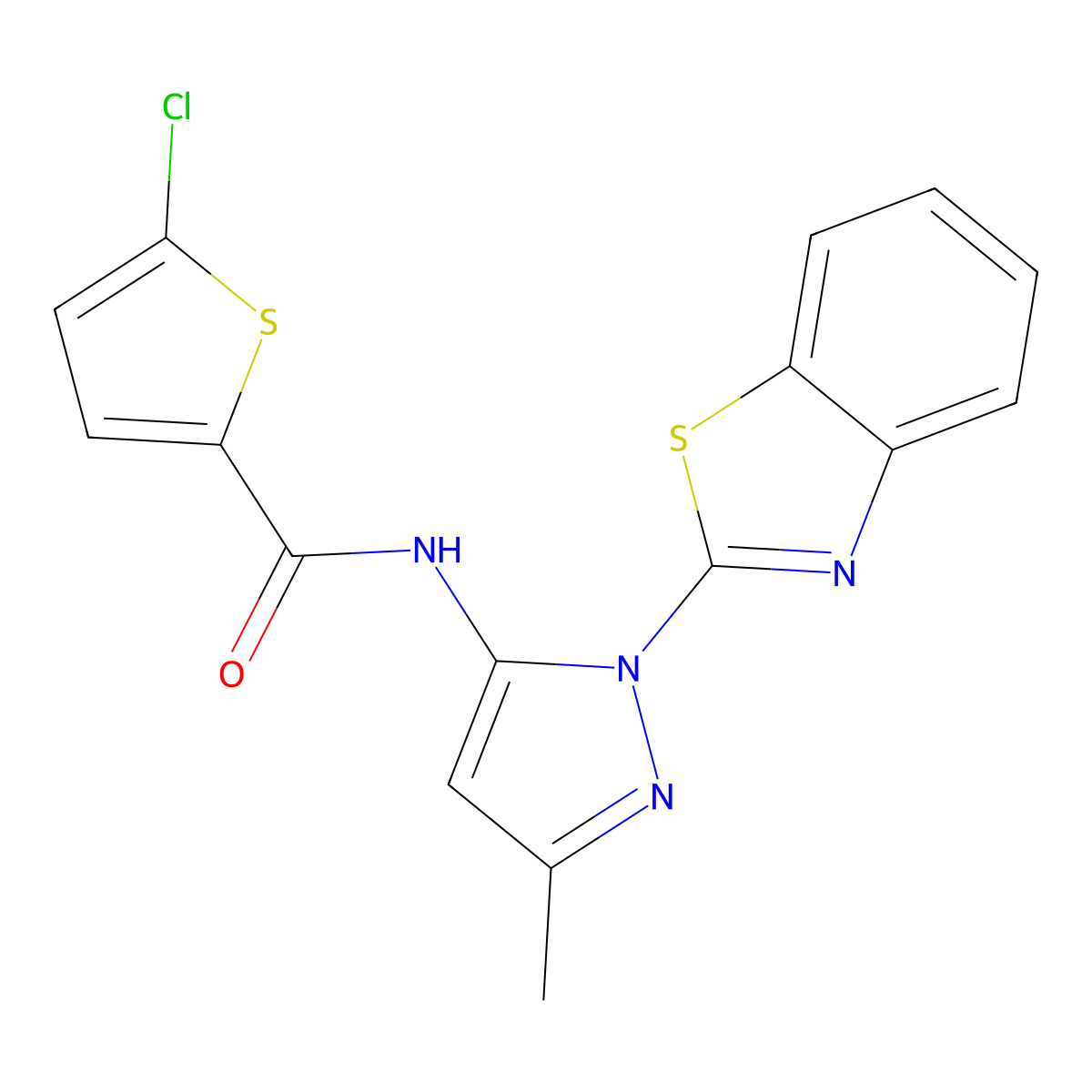 N-(1-(benzo[d]thiazol-2-yl)-3-methyl-1H-pyrazol-5-yl)-5-chlorothiophene-2-carboxamide molecular structure, CAS 1173042-87-9