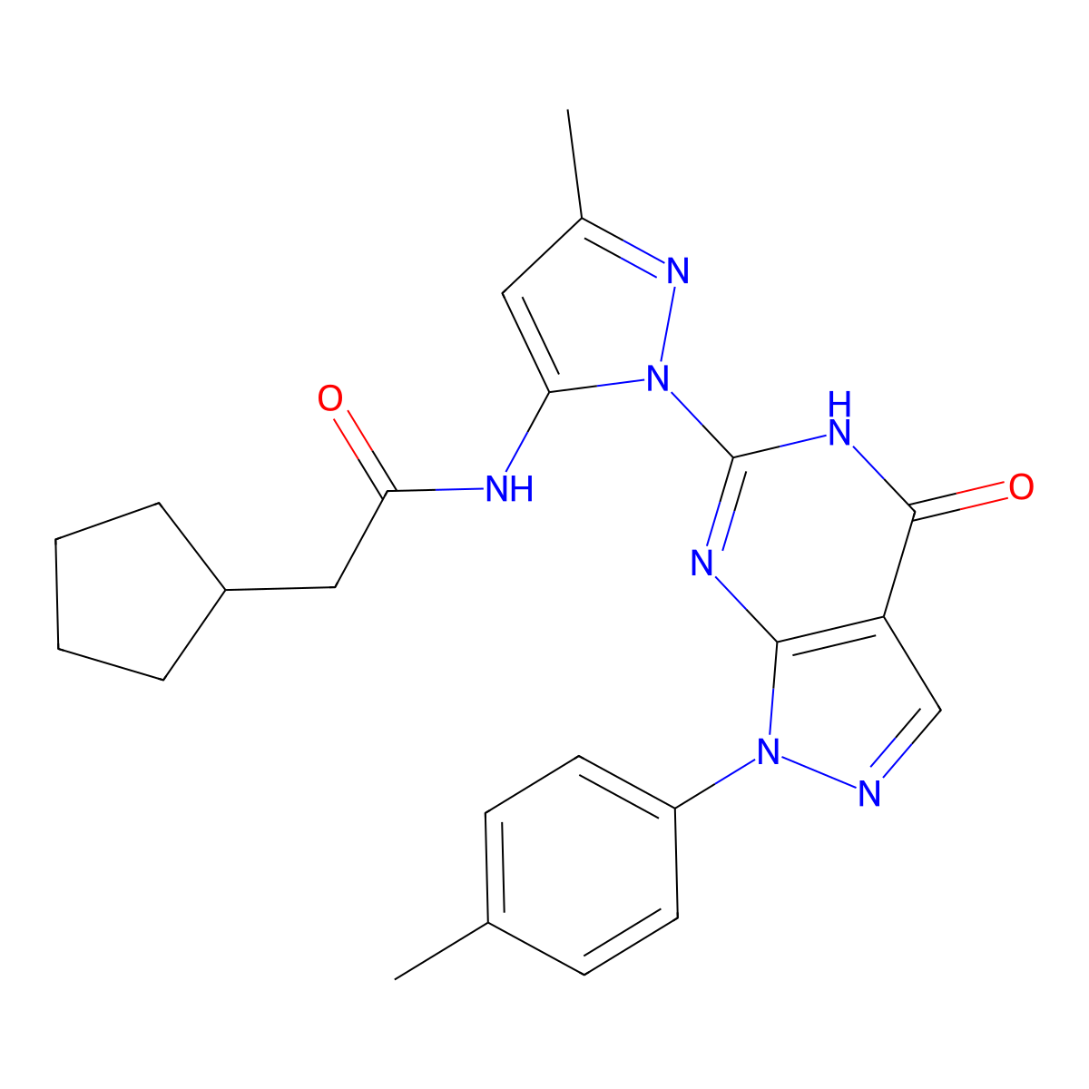2-cyclopentyl-N-(3-methyl-1-(4-oxo-1-(p-tolyl)-4,5-dihydro-1H-pyrazolo[3,4-d]pyrimidin-6-yl)-1H-pyrazol-5-yl)acetamide molecular structure, CAS 1173043-81-6