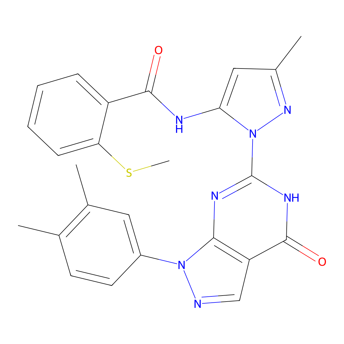 N-(1-(1-(3,4-dimethylphenyl)-4-oxo-4,5-dihydro-1H-pyrazolo[3,4-d]pyrimidin-6-yl)-3-methyl-1H-pyrazol-5-yl)-2-(methylthio)benzamide molecular structure, CAS 1173044-30-8