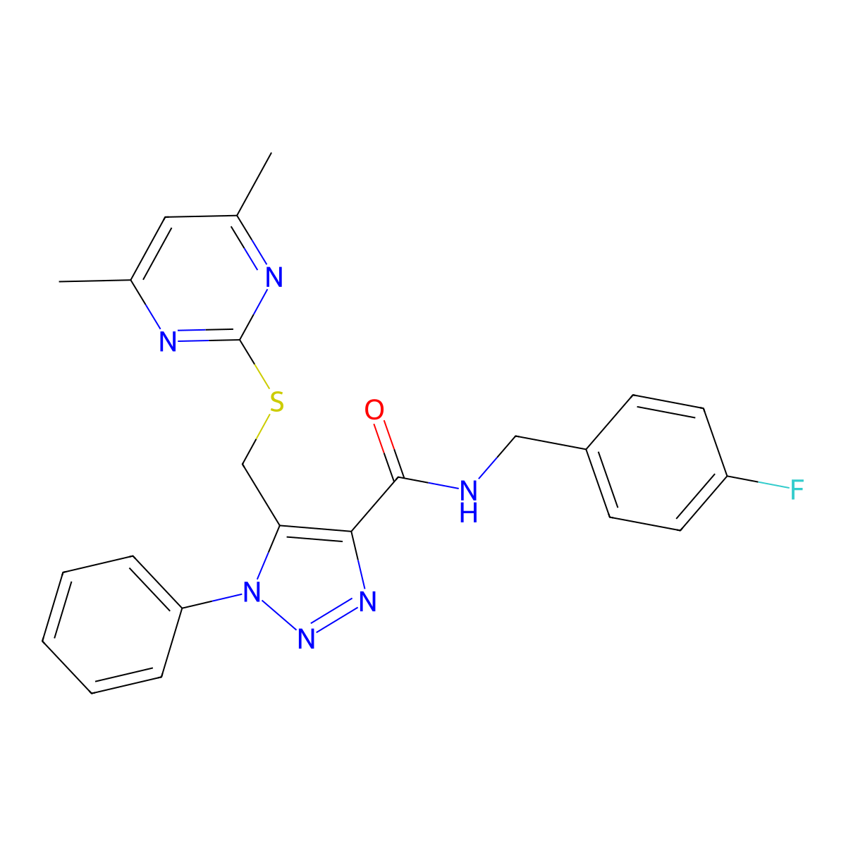 5-(((4,6-dimethylpyrimidin-2-yl)thio)methyl)-N-(4-fluorobenzyl)-1-phenyl-1H-1,2,3-triazole-4-carboxamide molecular structure, CAS 1173045-85-6