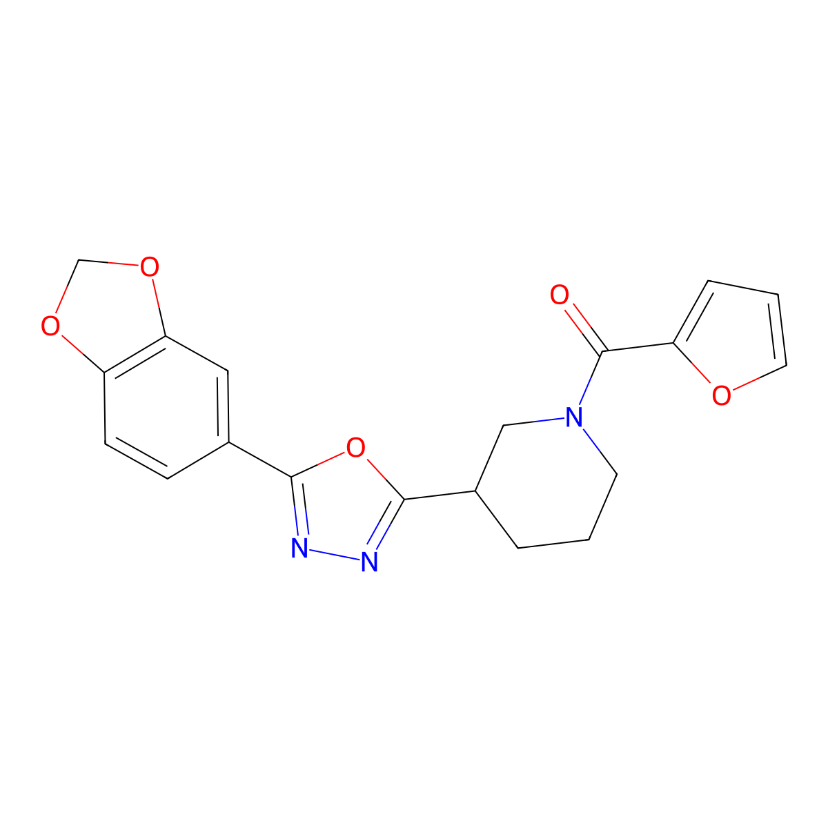 (3-(5-(Benzo[d][1,3]dioxol-5-yl)-1,3,4-oxadiazol-2-yl)piperidin-1-yl)(furan-2-yl)methanone molecular structure, CAS 1173045-88-9