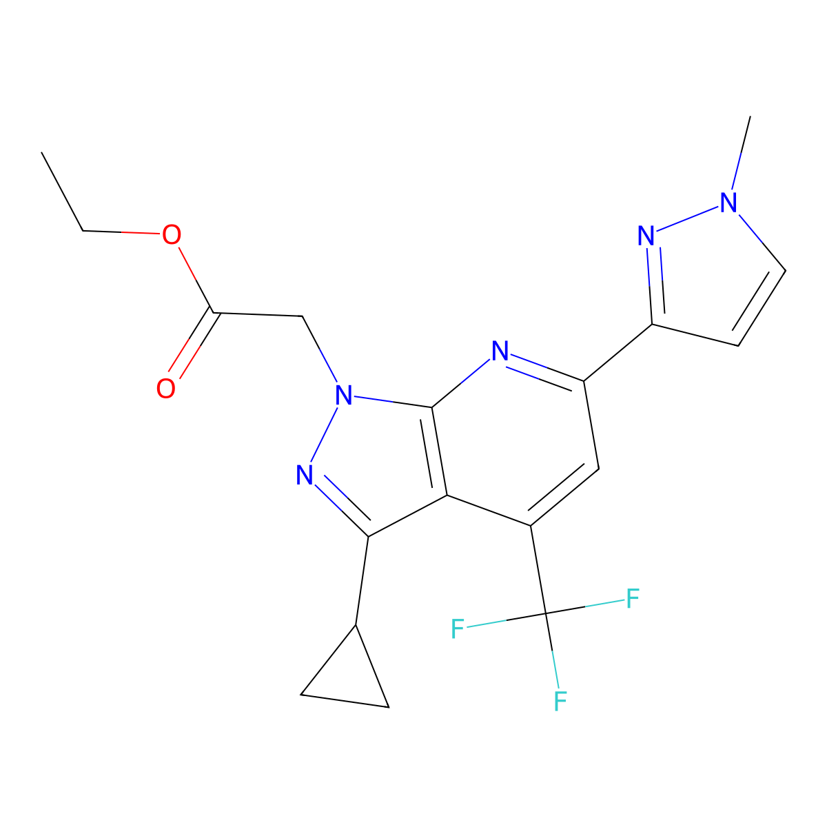 Ethyl 3-cyclopropyl-6-(1-methyl-1H-pyrazol-3-yl)-4-(trifluoromethyl)-1H-pyrazolo(3,4-b)pyridine-1-acetate molecular structure, CAS 1173047-60-3