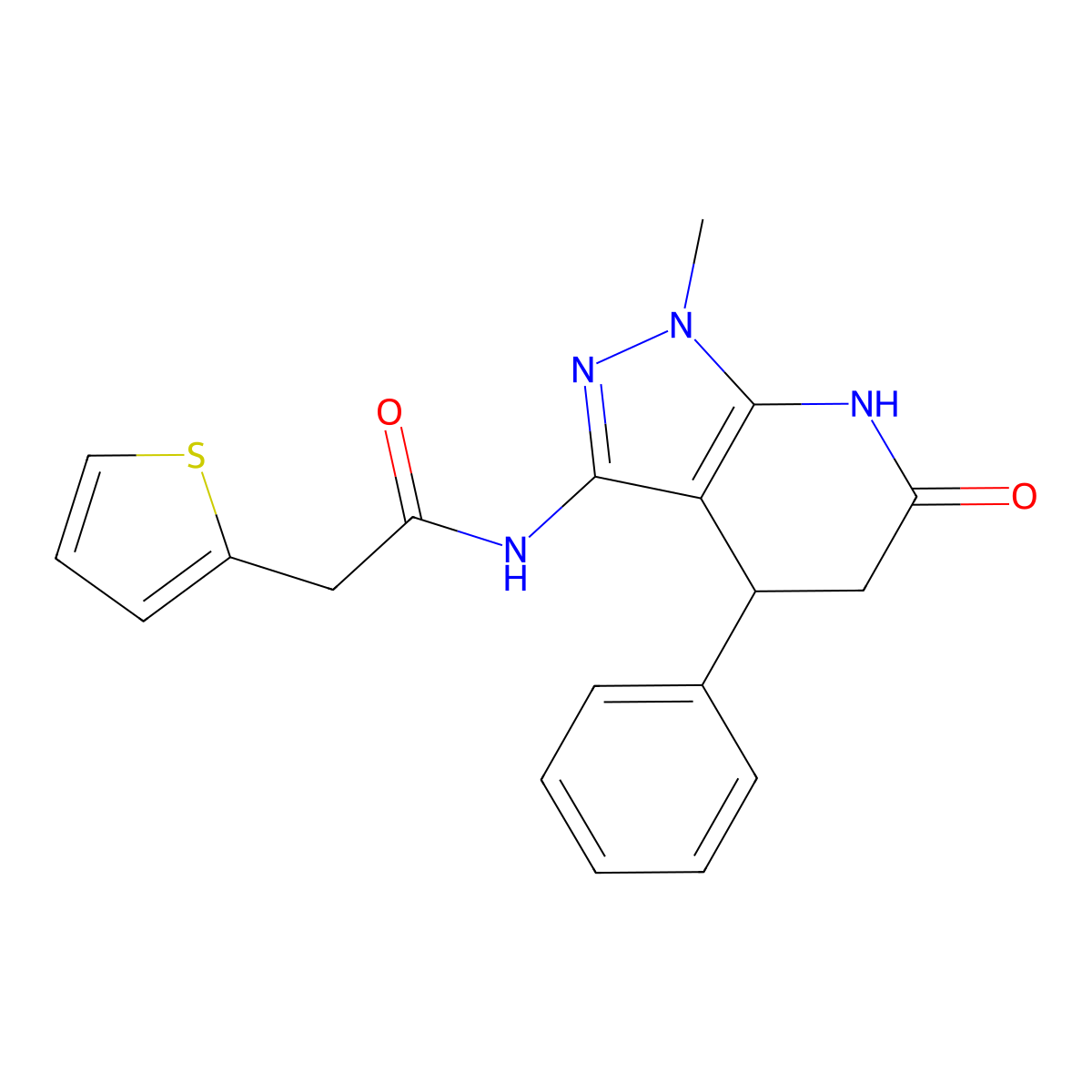 N-(1-methyl-6-oxo-4-phenyl-4,5,6,7-tetrahydro-1H-pyrazolo[3,4-b]pyridin-3-yl)-2-(thiophen-2-yl)acetamide molecular structure, CAS 1173048-02-6
