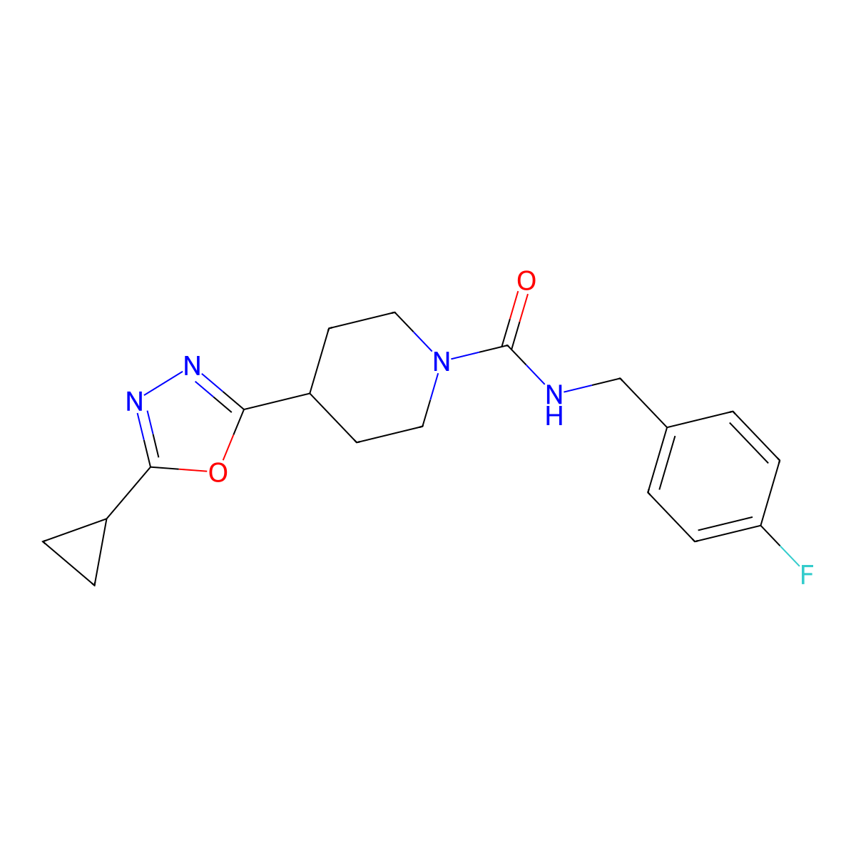 4-(5-cyclopropyl-1,3,4-oxadiazol-2-yl)-N-(4-fluorobenzyl)piperidine-1-carboxamide molecular structure, CAS 1173049-23-4