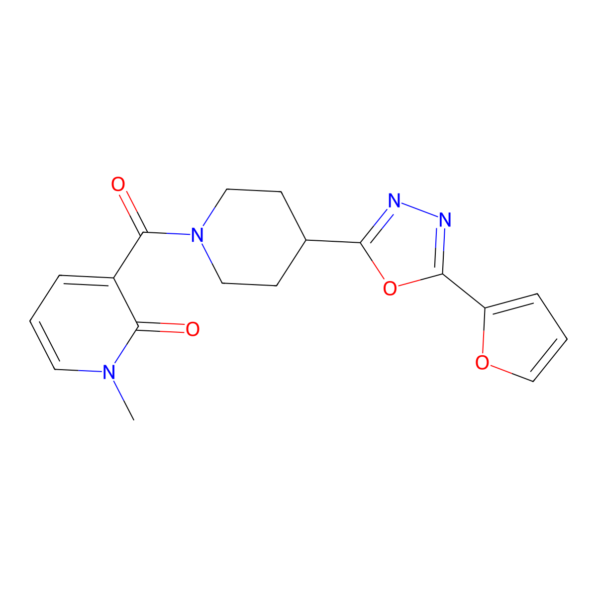 3-(4-(5-(furan-2-yl)-1,3,4-oxadiazol-2-yl)piperidine-1-carbonyl)-1-methylpyridin-2(1H)-one molecular structure, CAS 1173053-50-3