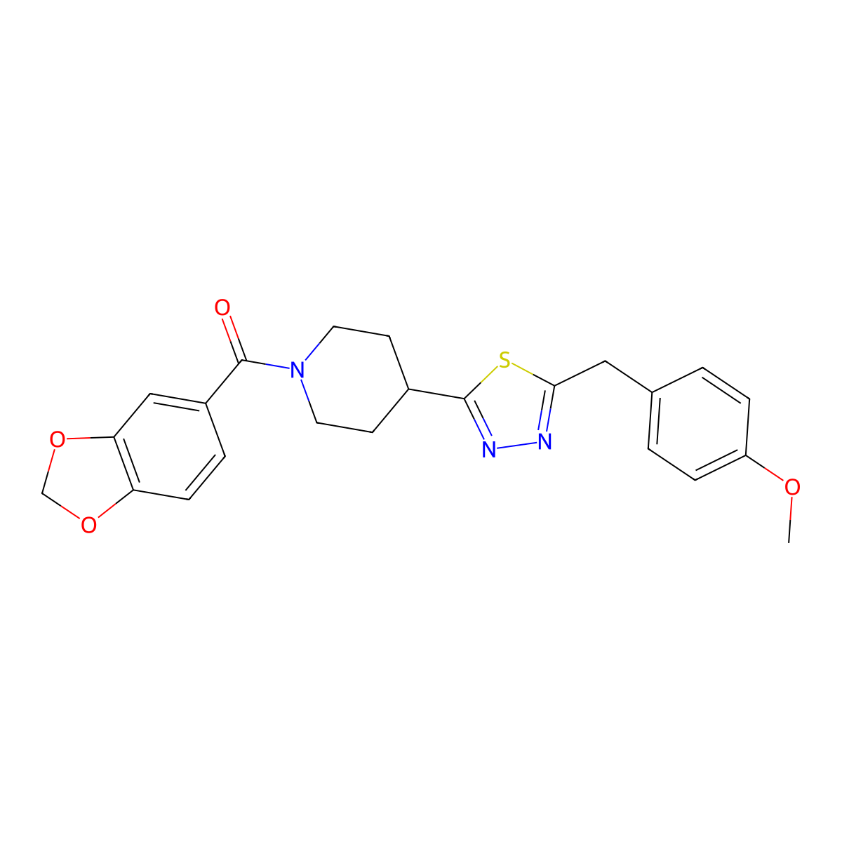 Benzo[d][1,3]dioxol-5-yl(4-(5-(4-methoxybenzyl)-1,3,4-thiadiazol-2-yl)piperidin-1-yl)methanone molecular structure, CAS 1173053-60-5