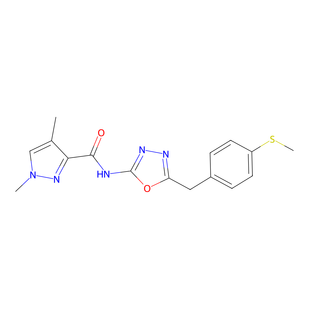 1,4-dimethyl-N-(5-(4-(methylthio)benzyl)-1,3,4-oxadiazol-2-yl)-1H-pyrazole-3-carboxamide molecular structure, CAS 1173053-69-4